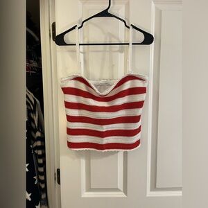 Abercrombie & Fitch Red and White Striped Strapless Crochet Cami